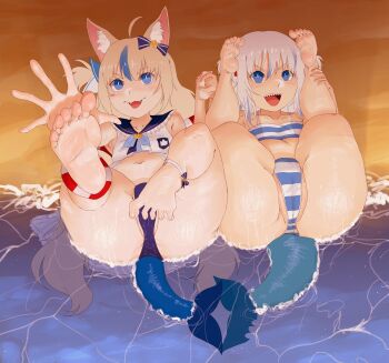 2girls absurdres animal_ears beach bikini blue_hair cat_ears fat_pussy feet fins fish_tail gawr_gura hands_up highres holding_hands hololive hololive_english indie_virtual_youtuber kyojiri_loli kyokeer loli multicolored_hair multiple_girls navel ocean open_mouth pussy pussy_peek reflection reflective_liquid sailor_collar sameko_saba sand school_uniform serafuku shark_tail sharp_teeth striped_bikini striped_clothes swimsuit tail teeth thick_thighs thighs virtual_youtuber water wristband
