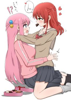 2girls @_@ absurdres blue_eyes blush bocchi_the_rock! bow bowtie breasts brown_sailor_collar brown_shirt candy chocolate chocolate_heart commentary_request cube_hair_ornament eye_contact food food_in_mouth from_side girl_on_top gotoh_hitori green_eyes grey_skirt hair_ornament hands_on_another&#039;s_shoulders heart heart-shaped_food highres hoshina_(78737696) jacket kita_ikuyo long_hair long_sleeves looking_at_another miniskirt multiple_girls one_side_up pink_hair pink_jacket pleated_skirt raised_inner_eyebrows red_bow red_bowtie red_hair sailor_collar school_uniform serafuku shirt simple_background sitting skirt speech_bubble sweat track_jacket translation_request valentine very_long_hair white_background yuri