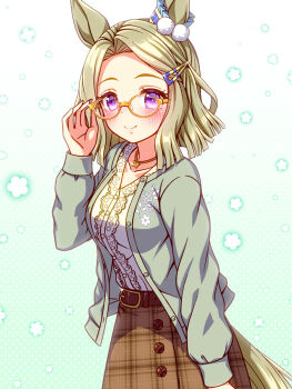 1girl air_messiah_(casual)_(umamusume) air_messiah_(umamusume) animal_ears belt blush breasts brown_belt brown_skirt cardigan casual closed_mouth collarbone commentary_request ear_ornament frilled_shirt frills glasses green_hair hair_ornament hairclip highres horse_ears horse_girl horse_tail jewelry long_sleeves looking_at_viewer medium_breasts necklace open_cardigan open_clothes purple_eyes shirt skirt smile solo sugimotty_nova tail umamusume white_shirt yellow-framed_eyewear