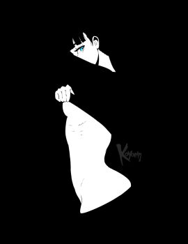 1girl artist_name black_shirt blending blue_eyes breasts clothes_lift commentary english_commentary from_side greyscale highres koyorin lifting_own_clothes looking_at_viewer monochrome original shirt shirt_lift sideways_glance solo spot_color torso_flash underboob