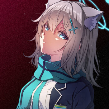 1girl animal_ear_fluff animal_ears aqua_scarf blue_archive blue_eyes blue_halo commentary_request cross cross_hair_ornament extra_ears gradient_background grey_hair hair_ornament halo highres inverted_cross jacket kouji_(campus_life) long_hair looking_at_viewer mismatched_pupils open_clothes open_jacket scarf shiroko_(blue_archive) shirt solo upper_body watermark white_shirt wolf_ears