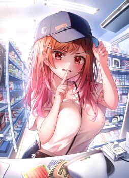 1girl artist_request bag baseball_cap blush breasts candy embarrassed finger_to_mouth food gradient_background handbag hat highres hololive hololive_dev_is ichijou_ririka large_breasts long_hair nails open_mouth orange_hair red_eyes shirt shushing store virtual_youtuber white_shirt