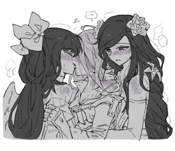 3girls bare_shoulders blush braid braided_ponytail breasts dizzy_(guilty_gear) drooling flower french_kiss group_sex guilty_gear guilty_gear_strive guilty_gear_xrd hair_flower hair_ornament hair_ribbon highres hug hug_from_behind kiss ky_gwangin kyko long_hair monochrome multiple_girls open_mouth queen_dizzy ribbon saliva sweat sweatdrop swept_bangs threesome twintails upper_body white_background yuri