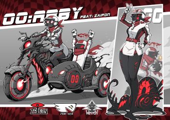 1boy 1girl abby_(za1f0n) absurdres arms_up artist_self-insert belt biker_clothes bikesuit black_hair black_halo blood blood_halo bodysuit bomb breasts colored_sclera colored_skin dated eldritch_abomination english_text explosive extra_eyes full_body gloves goggles hair_over_one_eye halo hand_on_own_hip helmet highres holding holding_bomb jumpsuit liquid_halo lit_fuse long_sleeves looking_at_viewer monster_girl motor_vehicle motorcycle motorcycle_helmet multiple_views original race_vehicle racing_suit red-tinted_eyewear red_belt red_eyes red_scarf red_sclera scarf sidecar sitting tinted_eyewear white_gloves za1f0n