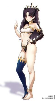 1girl absurdres anklet arm_warmers armlet asymmetrical_legwear asymmetrical_sleeves bikini black_hair black_panties breasts cleavage closed_mouth commentary crown detached_sleeves earrings elbow_gloves english_commentary fate/grand_order fate_(series) gloves gold_anklet gold_armlet gold_choker gold_trim hair_ribbon hand_on_own_hip highleg highleg_panties highres hoop_earrings ishtar_(fate) jewelry long_hair long_legs looking_at_viewer medium_breasts mismatched_bikini navel neck_ring panties parted_bangs red_eyes ribbon simple_background single_arm_warmer single_detached_sleeve single_elbow_glove single_thighhigh small_breasts smile solo swimsuit thighhighs thumbs_up tiara two_side_up underwear uneven_legwear uneven_sleeves white_background xkzan
