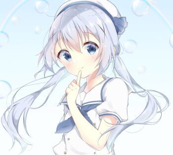 168_azusa balloon beret blowing_bubbles blue_eyes blue_sky blush bubble closed_mouth dress finger_to_mouth gochuumon_wa_usagi_desu_ka? gradient_background hat highres index_finger_raised kafuu_chino long_hair puffy_sleeves sailor_collar sailor_dress school_uniform sky smile solo sun twintails very_long_hair white_hat white_sailor_collar
