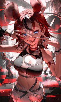 3girls absurdres animal_ears backup_dancer_(hakos_baelz) black_hair black_shirt blue_eyes breasts cleavage commentary crop_top double_v earrings english_commentary hakos_baelz hakos_baelz_(monochrome_dancer) highres hololive hololive_english hppu8734 jewelry large_breasts looking_at_viewer mouse_ears mouse_girl mouse_tail multicolored_hair multiple_girls navel pants red_hair sharp_teeth shirt solo_focus tail teeth v v_over_eye virtual_youtuber white_hair white_pants