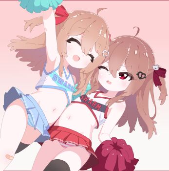 2girls absurdres ahoge arm_up bandaid bandaid_on_knee bandaid_on_leg black_thighhighs blue_panties blue_skirt broken_heart broken_heart_hair_ornament brown_hair cheerleader closed_eyes cowboy_shot dutch_angle evil_neuro-sama from_side hair_between_eyes hair_ornament hair_ribbon hashtag-only_commentary heart heart_hair_ornament highres loli long_hair miniskirt mrstanleyuoh multiple_girls navel neuro-sama one_eye_closed open_mouth panties pom_pom_(cheerleading) red_eyes red_panties red_ribbon red_shirt ribbon shirt siblings single_thighhigh sisters skirt sports_bra standing striped_clothes striped_panties thighhighs twins two_side_up underwear vedal_ai virtual_youtuber white_sports_bra