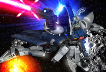 aqua_eyes beam_rifle debris energy_gun explosion firing g-saviour_gundam gun gundam gundam_g-saviour hiropon_(tasogare_no_puu) holding holding_gun holding_weapon humanoid_robot mecha mobile_suit no_humans robot science_fiction solo space weapon