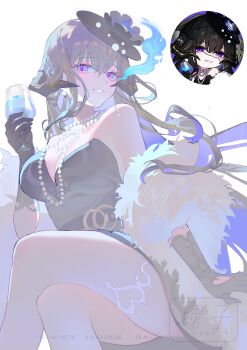 Rule 34 | 1girl, absurdres, artist name, black gloves, black hair, blue fire, breasts, cleavage, colored inner hair, cup, demon horns, dress, drinking glass, earrings, fire, fur trim, gloves, gold trim, hashtag-only commentary, hat, highres, holding, honkai: star rail, honkai (series), horns, jewelry, large breasts, long hair, luzi/fengli nanzi, multicolored hair, necklace, official alternate costume, pearl necklace, purple eyes, sleeveless, smile, the dahlia (honkai: star rail), the dahlia (recollection) (honkai: star rail), thigh strap, very long hair, wine glass