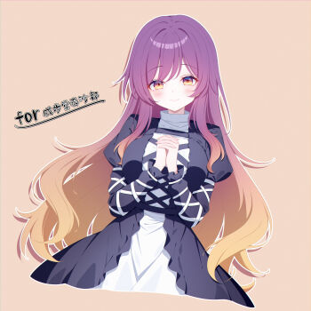 Rule 34 | 1girl, absurdres, black dress, blonde hair, blush, breasts, chinese commentary, closed mouth, commentary request, cross-laced clothes, cross-laced dress, dress, gradient hair, highres, hijiri byakuren, interlocked fingers, juliet sleeves, large breasts, layered dress, long hair, long sleeves, looking at viewer, multicolored hair, ohako miyu, orange background, outline, own hands together, puffy sleeves, purple hair, simple background, smile, solo, touhou, very long hair, white dress, white outline, yellow eyes