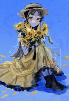 Rule 34 | 1girl, black socks, blue background, brown eyes, brown hair, brown hat, chinstrap, closed mouth, commentary, dress, flower, gakuen idolmaster, hamham gkms, hat, highres, holding, holding flower, idolmaster, knees up, kuramoto china, long dress, long hair, looking down, no shoes, parted bangs, petals, signature, sitting, socks, solo, straw hat, sunflower, symbol-only commentary, twitter username, watermark, yellow dress