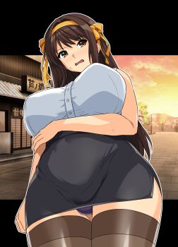 1girl absurdres alternate_hair_length_(longer) arms_under_breasts black_skirt breasts brown_eyes brown_hair brown_thighhighs butotns commentary_request from_below haruhisky highres huge_breasts long_hair official_alternate_hairstyle outdoors panties pantyshot pencil_skirt purple_panties shirt skirt sleeveless sleeveless_shirt solo standing sunset suzumiya_haruhi suzumiya_haruhi_no_shoushitsu suzumiya_haruhi_no_yuuutsu thick_thighs thighhighs thighs underwear variant_set very_long_hair white_shirt