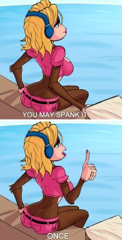 2koma absurdres ass blonde_hair blue_eyes breasts butt_crack candy_kong comic crop_top donkey_kong_(series) facing_away headphones highres large_breasts lipstick makeup monkey_girl nail_polish nintendo ocean short_shorts shorts sitting teevo water you_may_spank_it_once_(meme)