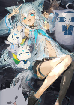 1girl absurdres animal_ear_fluff animal_ears black_shorts blue_eyes braid commentary_request fox_ears fox_girl fox_tail highres hololive ichika_(ichika87) long_hair looking_at_viewer navel open_mouth shirakami_fubuki short_shorts shorts side_braid tail thigh_strap virtual_youtuber white_hair