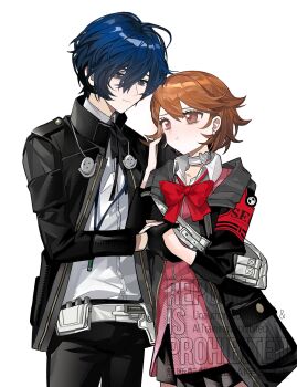 Rule 34 | 1boy, 1girl, armband, belt, black gloves, black jacket, black pants, black ribbon, black skirt, blue hair, blush, bow, bowtie, brown eyes, brown hair, cardigan, closed mouth, collared shirt, commission, couple, cowboy shot, digital walkman, earphones removed, earrings, evoker, flipped hair, gekkoukan high school uniform, gloves, grey eyes, hair between eyes, hand on another's cheek, hand on another's face, height difference, hetero, highres, holding hands, jacket, jewelry, looking at another, loose bowtie, miniskirt, mp3 player, neck ribbon, open clothes, open jacket, pants, pearl earrings, persona, persona 3, persona 3 reload, pink cardigan, pleated skirt, pout, red armband, red bow, red bowtie, ribbed cardigan, ribbon, s.e.e.s, school uniform, shirt, short hair, skirt, soda shan7, stud earrings, takeba yukari, white background, white shirt, yuuki makoto (persona 3)