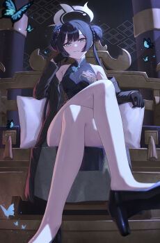 1girl absurdres bare_legs bare_shoulders black_gloves black_hair black_shoes blue_archive blue_butterfly bug butterfly butterfly_hair_ornament china_dress chinese_clothes commentary_request crossed_legs double_bun dragon_print dress from_below full_body gloves grey_eyes grey_jacket hair_bun hair_ornament halo high_heels highres huran_tea indoors insect jacket kisaki_(blue_archive) light_particles long_hair looking_at_viewer on_throne open_clothes open_jacket pillar pillow shoes sidelocks sitting sleeveless sleeveless_dress solo striped_clothes striped_jacket throne twintails vertical-striped_clothes vertical-striped_jacket