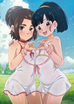 2girls aged_down asymmetrical_docking bare_arms bare_shoulders black_eyes black_hair blue_sky blush breast_press brown_eyes brown_hair choker closed_mouth collarbone covered_erect_nipples cowboy_shot crossover day dragon_ball dress eroartdraw eyebrows eyelashes female_focus flat_chest gabi_braun hand_on_another&#039;s_shoulder hand_on_another&#039;s_waist heart heart_hands highres loli looking_at_viewer matching_hair/eyes medium_hair multiple_girls open_mouth outdoors pan_(dragon_ball) pink_ribbon ponytail red_choker red_dress ribbon shingeki_no_kyojin short_dress sky sleeveless sleeveless_dress smile standing two-tone_dress white_dress yellow_choker yellow_dress