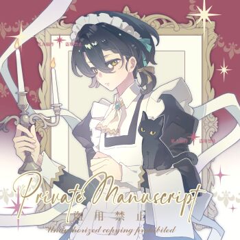 1girl animal apron blue_gem brown_hair candle candlestand cat closed_mouth commission eyelashes fire frills gem gradient_hair hair_between_eyes headdress highres holding holding_candlestand juliet_sleeves long_sleeves looking_at_viewer maid maid_headdress mihuashi_commission mole mole_under_eye multicolored_hair original picture_frame puffy_sleeves solo square star_(symbol) watermark white_apron white_headdress xingbaogu_yuzhou yellow_eyes