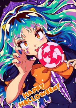 1girl black_dress bow bowtie candy claw_pose commentary cone_horns dress dutch_angle eyelashes eyeshadow fangs food green_hair halloween halloween_costume hand_up happy_halloween highres holding holding_candy holding_food holding_lollipop horns lollipop long_hair looking_at_viewer lum makeup multicolored_hair nka_46 oni open_mouth orange_bow orange_eyes puffy_short_sleeves puffy_sleeves purple_eyeshadow purple_hair purple_nails short_sleeves silk solo spider_web star_(symbol) swirl_lollipop tongue tongue_out urusei_yatsura