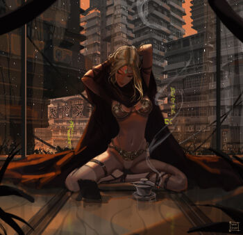 1girl arms_up artist_name avar_kriss blonde_hair breasts building circlet city cloak closed_eyes closed_mouth commentary english_commentary highres medium_breasts navel paid_reward_available skyscraper smoke solo star_wars star_wars:_the_high_republic tatti_art variant_set window