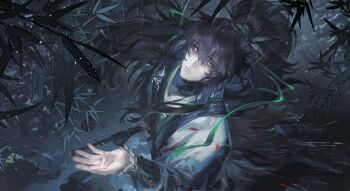 1boy absurdres bamboo bamboo_forest black_hair blind chinese_clothes cloak commentary duplicate forest green_ribbon grey_eyes hashtag-only_commentary highres long_hair male_focus nature qiuyuan_(wuthering_waves) rain ribbon shuangbatian white_cloak wuthering_waves