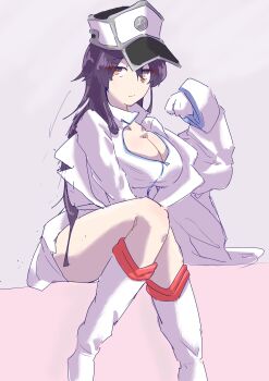 1girl absurdres bambietta_basterbine bleach bleach:_sennen_kessen-hen breasts cleavage commentary gloves hat heart highres jacket large_breasts long_hair orange_eyes partially_unzipped purple_hair quincy_(bleach) removing_jacket sitting skirt solo spinosaur1111 sternritter wandenreich_uniform white_gloves white_hat white_jacket white_skirt