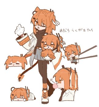 a.i._voice adachi_rei animal_ears black_pantyhose black_shirt bow cable cable_tail cat_ears chewing_gum chibi chibi_inset chopsticks full_body gloves grey_skirt hand_up hashtag-only_commentary jacket kemonomimi_mode kurusuke_(kurumi) looking_at_viewer mechanical_tail miniskirt multiple_views one_eye_closed open_clothes open_jacket open_mouth orange_eyes orange_hair orange_shoes pantyhose pleated_skirt shirt shoes skirt standing tail tail_bow tail_ornament utau white_background white_gloves white_jacket