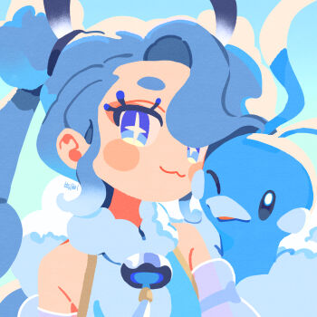1girl :3 altaria bare_shoulders beak bird blue_eyes blue_hair chibi closed_mouth commentary detached_sleeves double_bun english_commentary eyeshadow fluffy flying_miku_(project_voltage) gen_3_pokemon hair_bun hair_ribbon hatsune_miku highres long_eyelashes looking_at_viewer makeup nintendo no_lineart pokemon pokemon_(creature) project_voltage red_eyeshadow ribbon short_eyebrows thick_eyebrows tsui twintails upper_body vocaloid