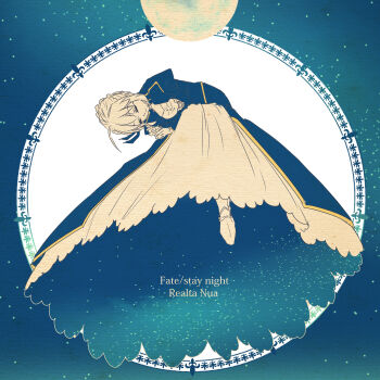 1girl ahoge artoria_pendragon_(fate) blonde_hair blue_dress blue_theme choppy_bangs closed_mouth commentary_request copyright_name dress fate/stay_night fate_(series) full_body highres long_dress moon roku_(ntbr_fate) saber_(fate) short_hair solo