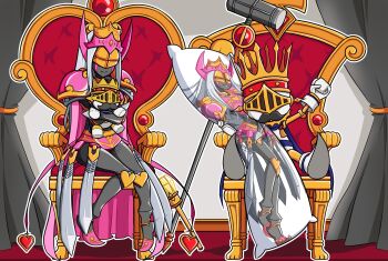 1boy 1girl absurdres armor couple crown dakimakura_(object) digimon digimon_(creature) full_armor highres king kingchessmon pillow queen queenchessmon stuffed_toy