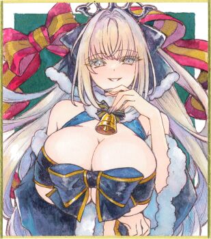 1girl bandeau bell black_bow blue_eyes blush bow braid breasts chikinan_tarou cleavage commentary_request detached_sleeves fate/grand_order fate_(series) fur_trim grey_hair grin hair_bow highres jingle_bell large_breasts long_hair looking_at_viewer morgan_le_fay_(fate) painting_(medium) ponytail sidelocks smile solo tiara traditional_media very_long_hair watercolor_(medium) wide_sleeves