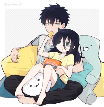 1boy 1girl 2channel :3 :t arm_around_waist arm_up bag_of_chips bags_under_eyes barefoot black_hair black_pants border brother_and_sister casual chips_(food) closed_mouth commentary_request cushion diagonal-striped_background eating feeding food food_on_face green_eyes green_shorts grey_background grey_eyes grey_shirt hair_between_eyes highres kuroki_tomoki kuroki_tomoko long_hair nuka_(nukamochi) open_mouth outside_border pants potato_chips shirt shoboon short_hair shorts siblings sitting sitting_on_lap sitting_on_person spiked_hair striped_background t-shirt teeth toes upper_teeth_only watashi_ga_motenai_no_wa_dou_kangaetemo_omaera_ga_warui! white_border yellow_shirt