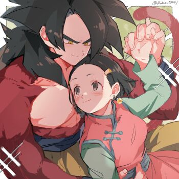1boy 1girl black_eyes black_hair body_fur border breasts chi-chi_(dragon_ball) china_dress chinese_clothes couple dragon_ball dragon_ball_gt dress earrings green_background hetero highres holding_hands interlocked_fingers jewelry long_hair monkey_tail muscular muscular_male pink_dress red_fur red_tail roku_(roku_0141) short_hair smile son_goku spiked_hair super_saiyan super_saiyan_4 tail topless_male white_border yellow_eyes
