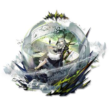 1girl absurdres alternate_costume amiya_(arknights) animal_ear_fluff animal_ears apron arknights arm_belt ascalon_(arknights) babel_logo_(arknights) belt belt_pouch bird black_dress black_shoes bow bowtie broken_glass brown_belt buttons cat_ears cat_girl character_name character_request civilight_eterna closed_mouth collared_dress dress enmaided five-fall frilled_apron frilled_skirt frills full_body glass green_eyes green_hair green_nails highres kal&#039;tsit_(arknights) kal&#039;tsit_(the_remains_of_time)_(arknights) layered_dress long_hair long_skirt looking_at_viewer maid maid_apron maid_headdress mary_janes nail_polish official_alternate_costume official_art pouch puffy_sleeves rhodes_island_landship shoes side_slit sidelocks sitting skirt solo theresa_(arknights) third-party_source timestamp transparent_background two-tone_dress white_apron white_belt white_bow white_bowtie white_dress zipper_skirt