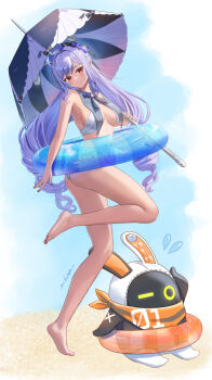 1girl ass barefoot beach bikini breasts drill_hair eous_(zenless_zone_zero) full_body highres holding holding_umbrella innertube long_hair looking_at_viewer medium_breasts mitsukayurie multicolored_hair outdoors purple_hair red_eyes side-tie_bikini_bottom sky sling_bikini_top smile soles solo standing streaked_hair swim_ring swimsuit thighs twin_drills umbrella vivian_banshee white_bikini white_hair zenless_zone_zero