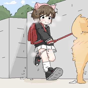 1girl aftersex animal_ears backpack bag bare_legs bestiality black_eyes blush brown_hair cum cum_on_body cumdrip cumdrip_down_legs dog ears embarrassed eyebrows_hidden_by_hair fake_animal_ears female_focus from_below implied_bestiality implied_sex interspecies leash legs loli long_sleeves looking_at_another loose_socks lowres messy_hair nuelogical out-of-frame_censoring outdoors panties panties_around_leg pulling_another's_clothes randoseru road school_uniform serafuku sexually_suggestive shoes short_hair sidelocks skirt sneakers socks standing steam street suggestive_fluid sweat sweatdrop thighs torn_clothes torn_panties underwear upskirt walking white_skirt