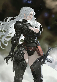 1girl absurdres armor arowana2111 belt belt_pouch black_leotard blue_eyes breastplate breasts brown_belt cleavage commentary couter cuisses dated_commentary english_commentary english_text faulds feet_out_of_frame floating_hair gauntlets grey_hair highleg highleg_leotard highres holding holding_sword holding_weapon large_breasts leotard long_hair looking_to_the_side original parted_lips pauldrons poleyn pouch profile rerebrace shoulder_armor sideways_mouth solo standing sword very_long_hair weapon