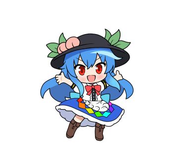 1girl :d apron black_hat blue_hair blue_skirt blush boots bow bowtie brown_boots cekocn! chibi chibi_only commentary_request full_body hat highres hinanawi_tenshi long_hair open_mouth outstretched_arms outstretched_hand peach_hat_ornament petticoat rainbow_order red_bow red_bowtie red_eyes shirt skirt smile solo touhou transparent_background white_apron white_shirt