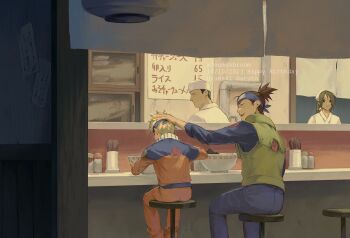 1girl 3boys absurdres black_pants black_shirt blonde_hair blue_headband brown_hair character_name closed_eyes dated eating facial_mark feet_out_of_frame food green_vest hand_on_another&#039;s_head happy_birthday hat headband highres jacket japanese_clothes jenmushroom jumpsuit male_focus multiple_boys naruto_(series) noodles open_mouth orange_jacket orange_jumpsuit orange_pants pants ponytail ramen ramen_stand robe scar scar_on_face scar_on_nose shirt short_hair sitting smile spiked_hair twitter_username umino_iruka uzumaki_naruto vest whisker_markings white_hat white_robe