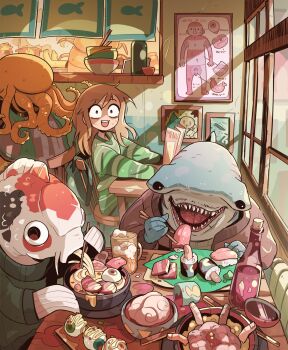 1girl absurdly_detailed_composition alcohol animal bottle bowl carles_dalmau chopsticks eating fish food framed green_shirt highres holding holding_chopsticks loaded_interior long_hair long_sleeves noodles octopus original penis_drawing picture_frame ramen red_wine shark shirt sitting sushi table window wine wine_bottle