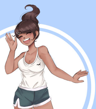 1girl asahina_aoi axolotl-anne bad_source blue_shorts blush breasts brown_hair cleavage closed_eyes collarbone commentary cowboy_shot danganronpa:_trigger_happy_havoc danganronpa_(series) dark-skinned_female dark_skin english_commentary eyelashes hair_ornament hairclip no_jacket open_mouth ponytail shirt shorts smile solo tan tank_top teeth upper_teeth_only waving white_shirt white_tank_top