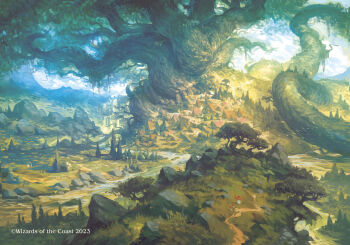 absurdres aldo_dominguez blue_sky building cloud commentary copyright_name day english_commentary from_above highres hill house landscape magic:_the_gathering moss mountainous_horizon no_humans official_art outdoors path plant_roots river road rock scenery simple_bird sky tree village