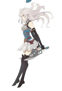 Rule 34 | 1girl, bare shoulders, beret, boots, breasts, clothes lift, detached sleeves, dual wielding, eiyuu densetsu, fie claussell, floating hair, floating hat, from side, full body, george man, green eyes, green hat, gunblade, hair between eyes, hat, highres, holding, holding weapon, kuro no kiseki (series), kuro no kiseki i, long hair, parted bangs, sidelocks, simple background, skirt, skirt lift, small breasts, solo, thigh boots, weapon, white background, white hair