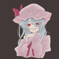 1girl absurdres brown_background ear_piercing earclip fangs frilled_hat frilled_sleeves frills grin hair_between_eyes hat hat_ribbon highres kazuki-23neko long_hair long_sleeves looking_at_viewer mob_cap nail_polish neck_ribbon parted_lips piercing pink_hat pink_shirt purple_hair red_eyes red_nails red_ribbon remilia_scarlet ribbon shirt simple_background smile solo speech_bubble touhou