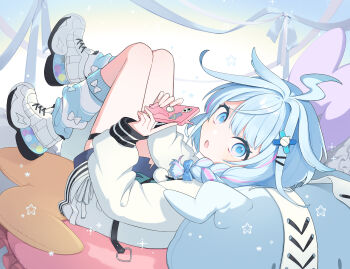 Rule 34 | 09 (ikmkmki), 1girl, absurdres, ahoge, blue background, blue eyes, blue hair, blue shirt, blue socks, blunt bangs, bow, braid, cellphone, commentary, fang, full body, hair bow, hair flaps, hair ornament, highres, holding, holding phone, hololive, hololive dev is, jacket, knees up, leg warmers, lightning ahoge, long hair, long sleeves, looking at viewer, low twin braids, lying, mizumiya su, mizumiya su (1st costume), multicolored hair, on back, open mouth, phone, pillow, pink hair, pink streaks, ribbon, shirt, shoes, short shorts, shorts, socks, solo, star (symbol), streaked hair, striped clothes, striped socks, untranslatable commentary, thigh strap, torn clothes, torn shirt, twin braids, virtual youtuber, white jacket, white shoes, x hair ornament
