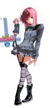 Rule 34 | 1girl, arms behind back, black boots, boots, crossed legs, dress, garter straps, green ribbon, grey dress, hair ornament, highres, hinamori amu, long sleeves, looking at viewer, medium hair, neck ribbon, one side up, pink hair, reference inset, ribbon, shugo chara!, smile, solo, striped clothes, striped thighhighs, thighhighs, vertical-striped clothes, vertical-striped thighhighs, x hair ornament, x p4r, yellow eyes