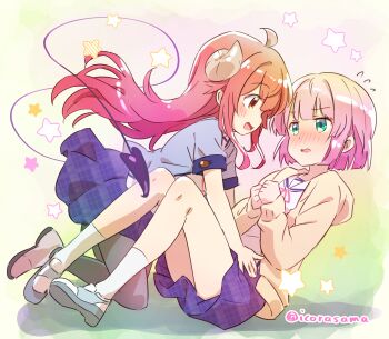 Rule 34 | 2girls, absurdres, blue skirt, blush, brown eyes, brown horns, chiyoda momo, demon girl, demon horns, demon tail, eye contact, green eyes, highres, horns, icorasama, long hair, looking at another, machikado mazoku, multiple girls, open mouth, pink hair, red hair, short hair, skirt, socks, tail, white socks, yoshida yuuko, yuri