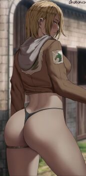 1girl absurdres annie_leonhart arm_at_side artist_name ass back blonde_hair blue_eyes blurry blurry_background blush breasts cowboy_shot dirt emblem from_behind grass half-closed_eyes hand_up highres hood hood_down hoodie jacket large_breasts long_sleeves looking_back medium_breasts military military_police_brigade_(emblem) military_uniform oroborus outdoors outline panties paradis_military_uniform parted_bangs parted_lips shingeki_no_kyojin shiny_skin short_hair skindentation solo standing stone_building thigh_strap thighs thong underwear white_hoodie