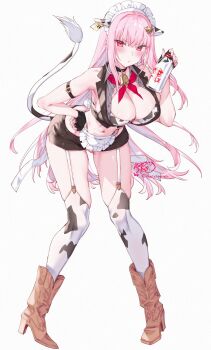 1girl animal_ears animal_print apron arm_belt artist_name bell bikini black_gloves black_nails blush boots bottle breasts brown_boots brown_shirt brown_shorts collared_shirt commentary cow_ears cow_print cow_print_bikini cow_print_thighhighs cow_tail cowbell cowboy_boots ear_tag fingerless_gloves fingernails frilled_apron frills full_body garter_straps gloves gluteal_fold grey_shirt hair_ornament highres holding holding_bottle hololive hololive_english kamiya_maneki large_breasts leaning_forward long_hair looking_at_viewer maid_apron maid_headdress milk_bottle mori_calliope nail_polish neck_bell neckerchief pink_eyes pink_hair pink_neckerchief print_bikini print_thighhighs shirt shorts signature simple_background skull_hair_ornament solo swimsuit symbol-only_commentary tail thighhighs thighs virtual_youtuber waist_apron white_apron white_background white_garter_straps